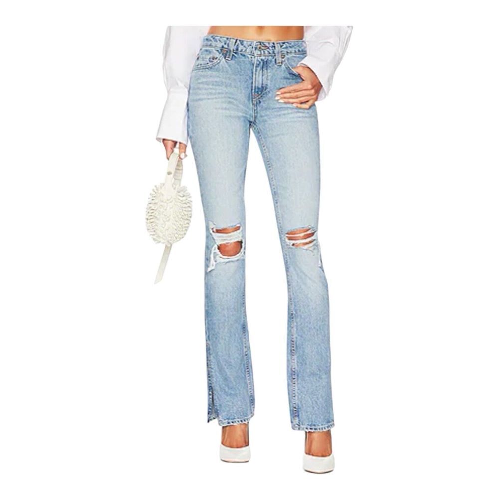 GRLFRND Sara Super Low Rise Straight Jeans Busted Knee SIZE 25 Boyfriend